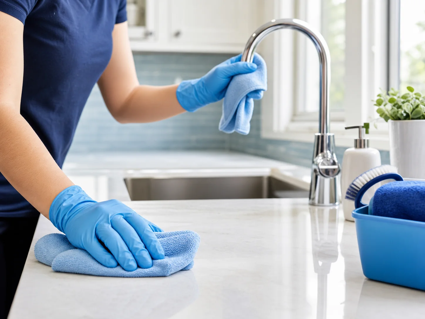 Demo image of gloved hands carefully cleaning a kitchen counter and faucet