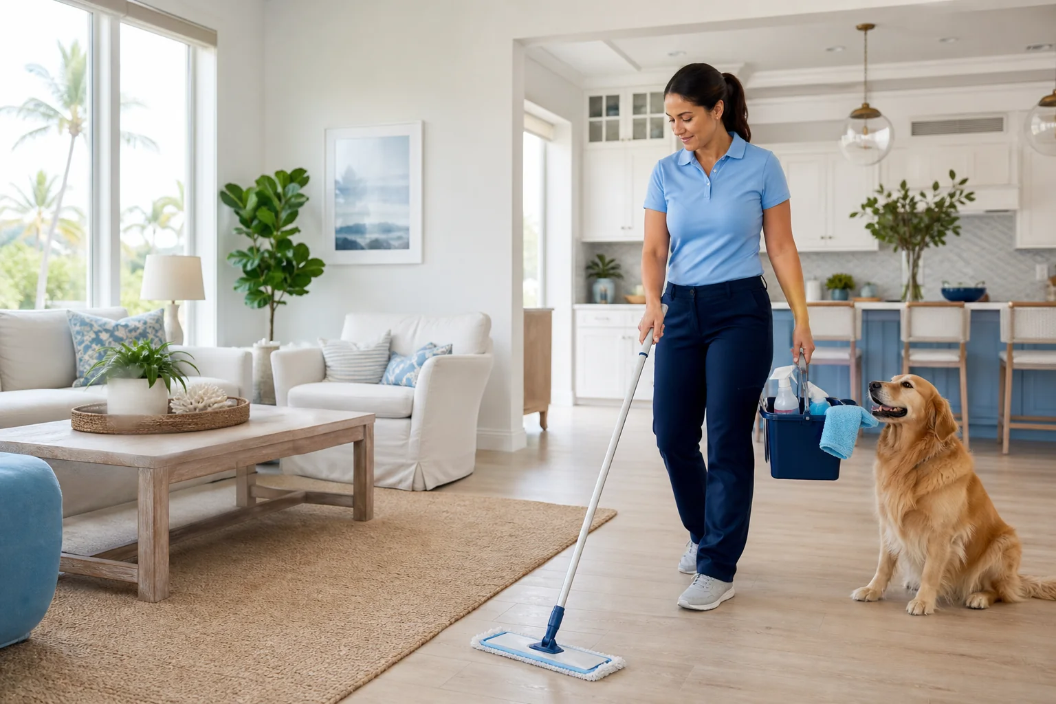Demo image of a cleaning professional mopping a bright home with a golden retriever nearby