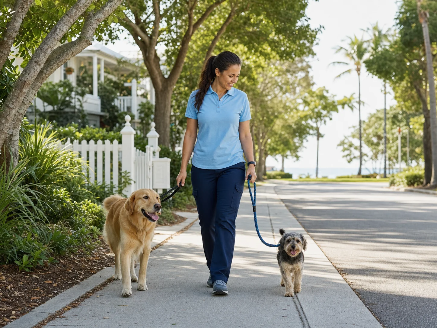 Demo image of a pet-care professional walking two dogs in a leafy Florida neighborhood